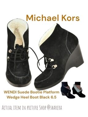 Michael Kors Wendi Bootie Suede faux Shearling Wool black Wedge heeled boots 6.5